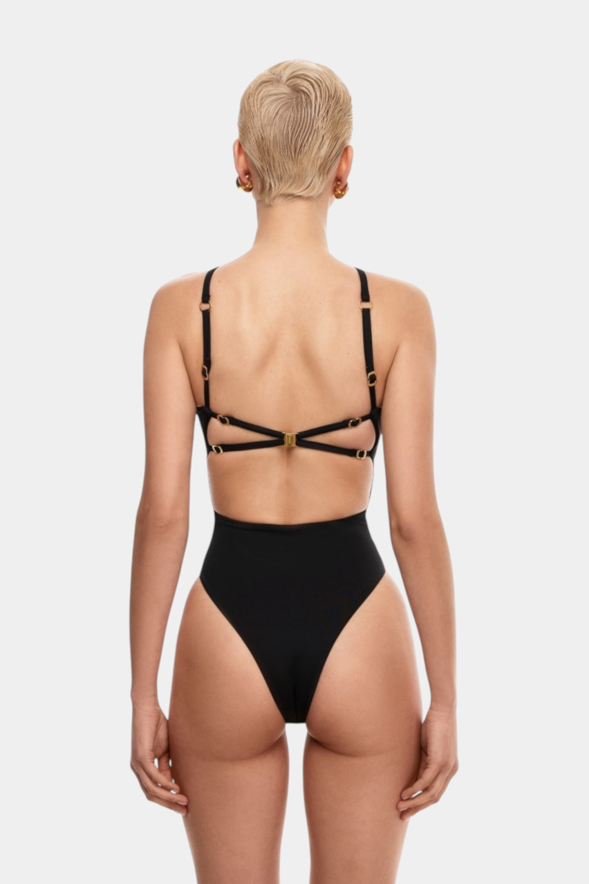 Чорний суцільний купальник Pirsing із золотою фурнітурою MISSTIC