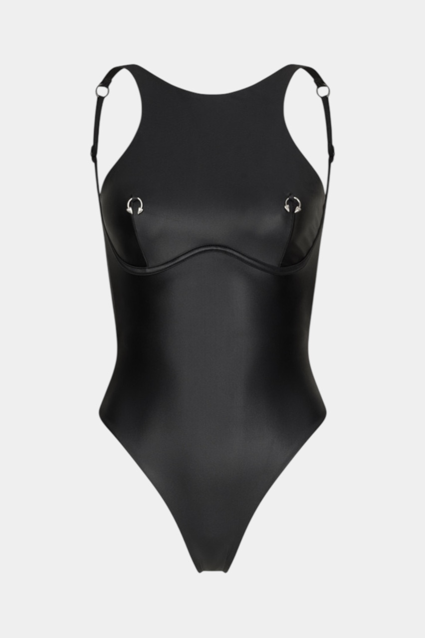 Черный сплошной купальник Pirsing Leather с серебряной фурнитурой MISSTIC