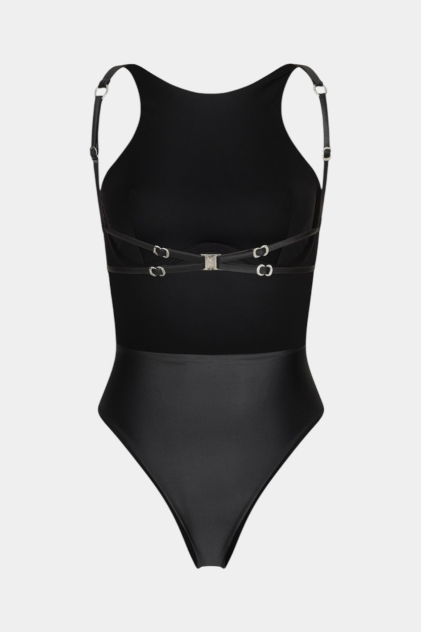 Черный сплошной купальник Pirsing Leather с серебряной фурнитурой MISSTIC