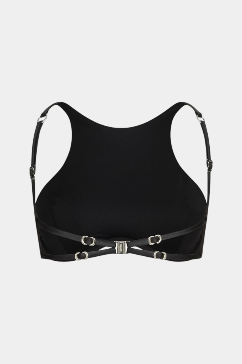 Черный верх-холтер от купальника Pirsing Leather с серебряной фурнитурой MISSTIC