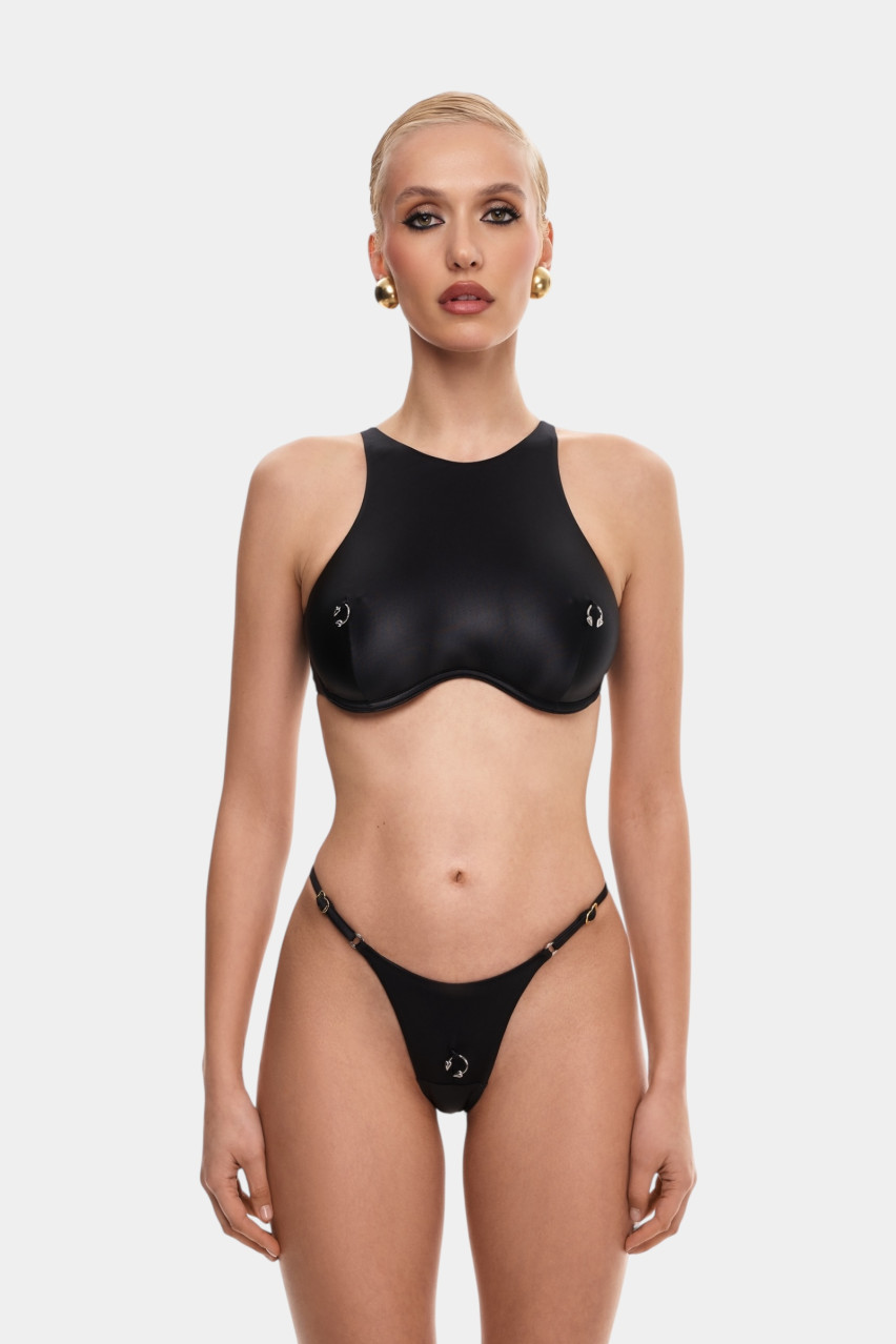 Черный верх-холтер от купальника Pirsing Leather с серебряной фурнитурой MISSTIC