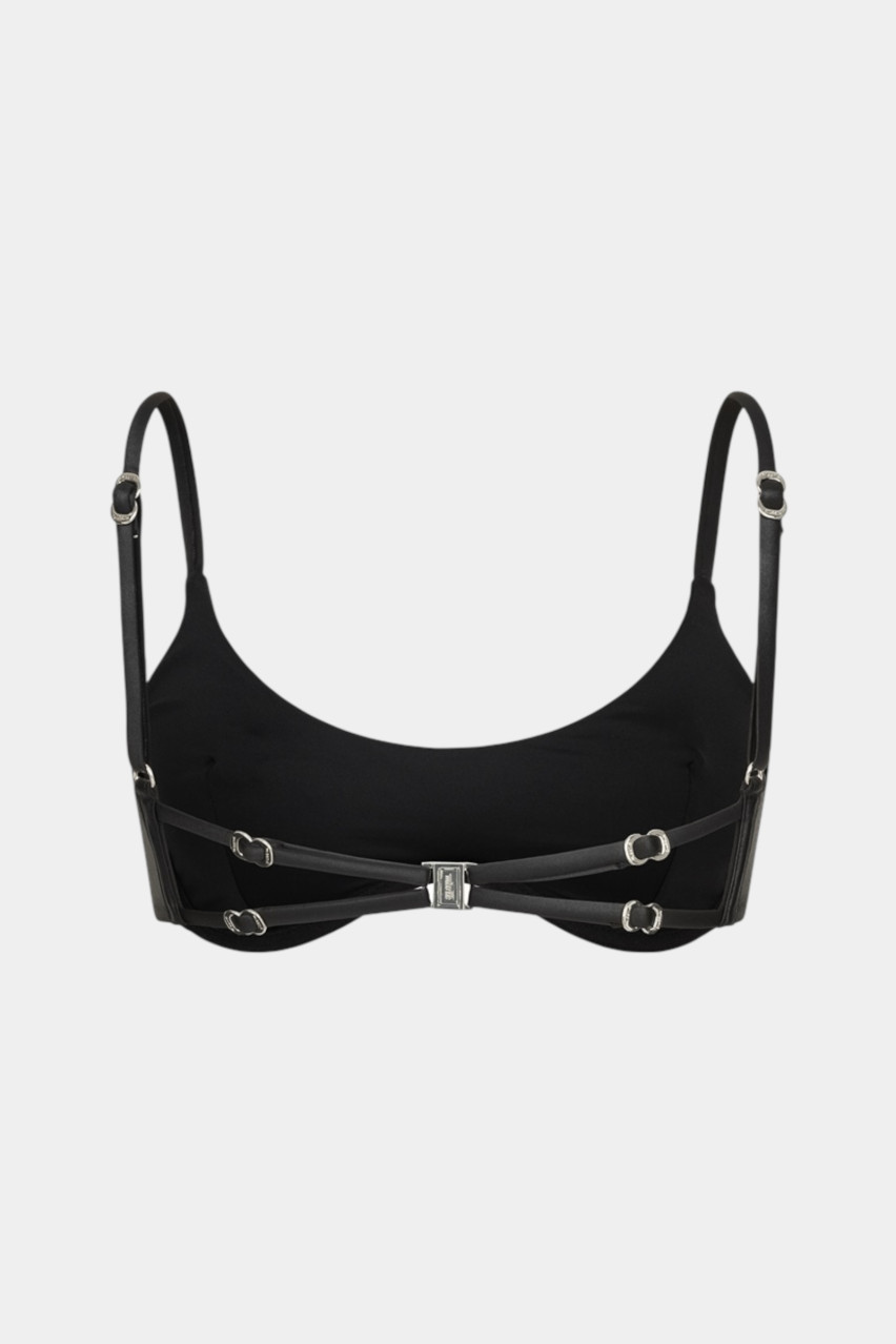 Черный верх от купальника Pirsing Leather с серебряной фурнитурой MISSTIC