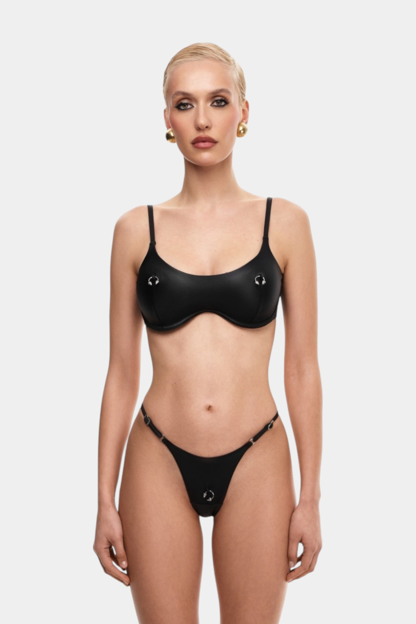 Черный верх от купальника Pirsing Leather с серебряной фурнитурой MISSTIC