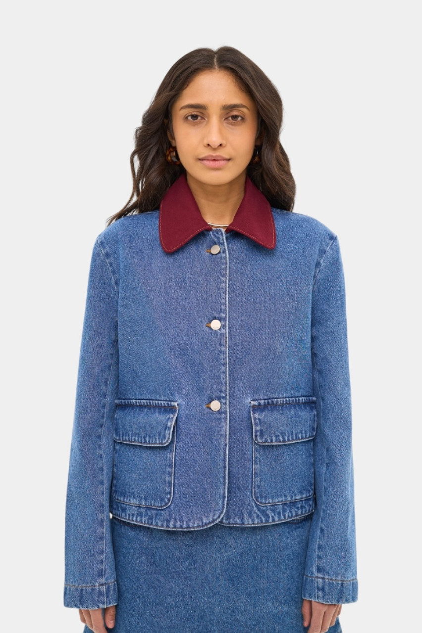 Синяя джинсовая куртка с бордовым воротником sp25-jacket-blue MATCH DENIM