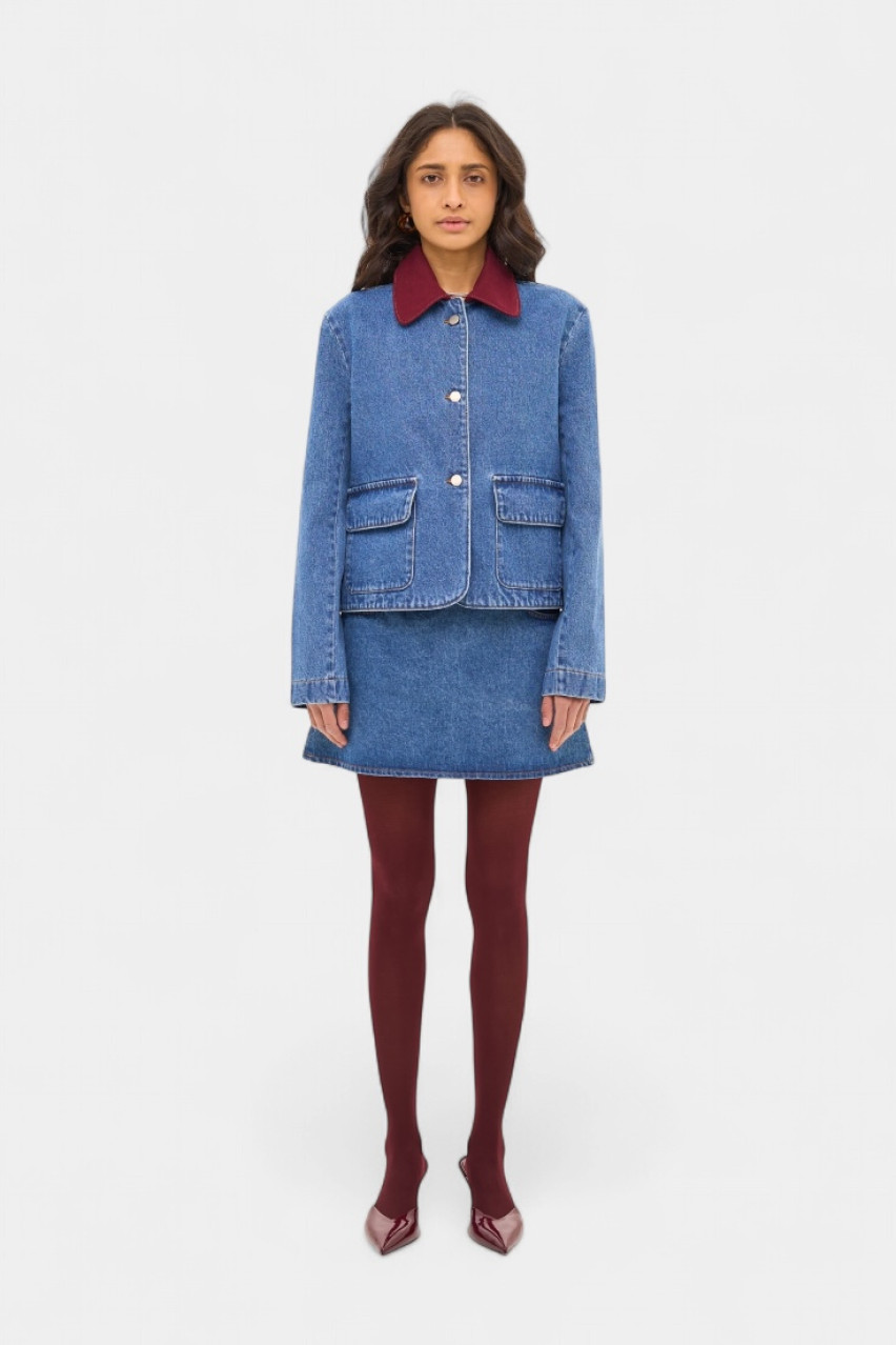 Синяя джинсовая куртка с бордовым воротником sp25-jacket-blue MATCH DENIM