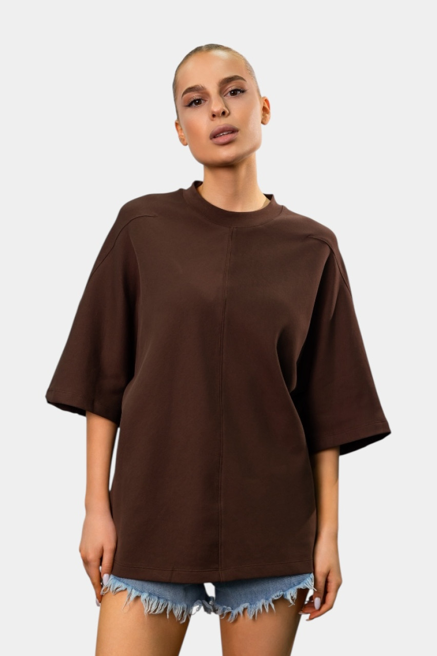 Коричневый оверсайз футболка с декоративным швом LC240539 LUMINA