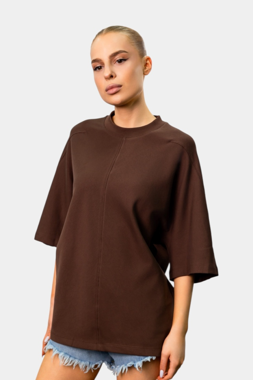 Коричневый оверсайз футболка с декоративным швом LC240539 LUMINA