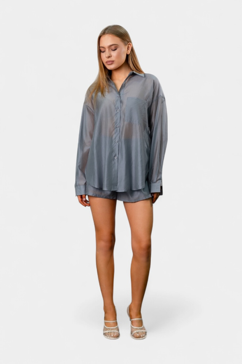 Сірий шовковий костюм з сорочкою та шортами EC553 MOCHY