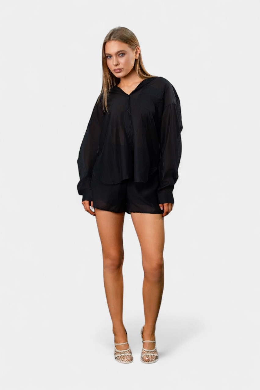 Чорний шовковий костюм з сорочкою та шортами EC553 MOCHY