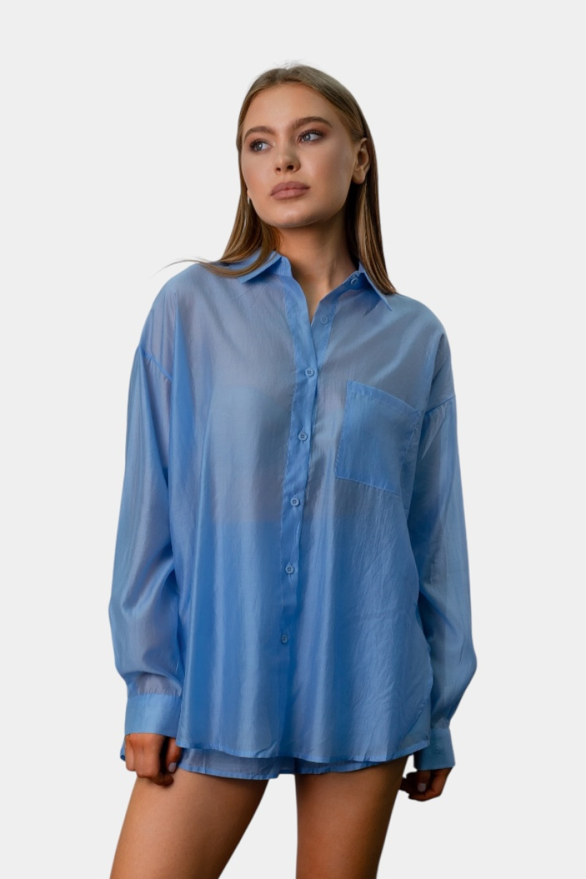 Синий шелковый костюм с рубашкой и шортами EC553 MOCHY