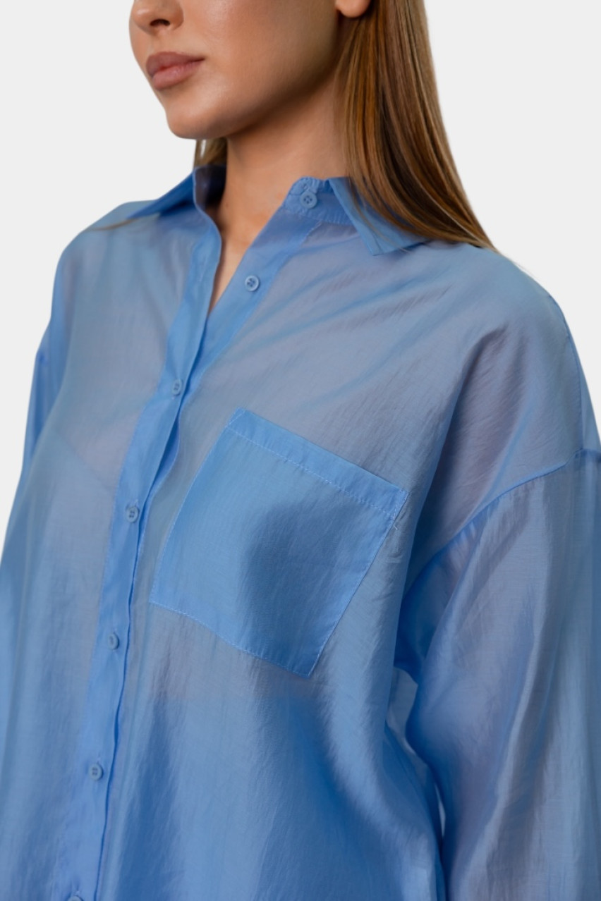 Синий шелковый костюм с рубашкой и шортами EC553 MOCHY