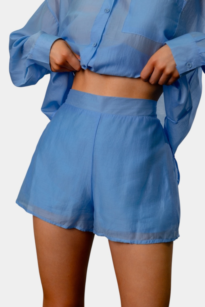 Синий шелковый костюм с рубашкой и шортами EC553 MOCHY