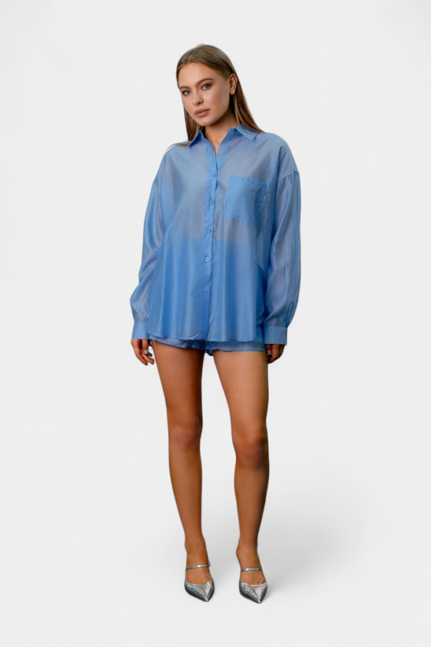 Синий шелковый костюм с рубашкой и шортами EC553 MOCHY