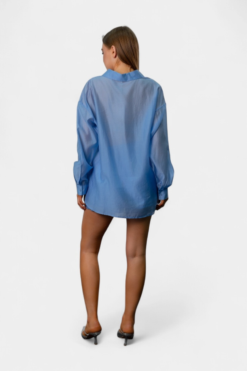 Синий шелковый костюм с рубашкой и шортами EC553 MOCHY