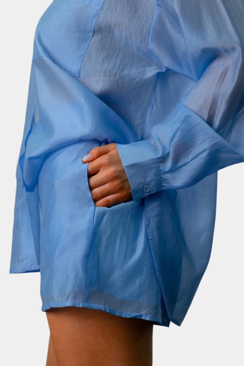 Синий шелковый костюм с рубашкой и шортами EC553 MOCHY