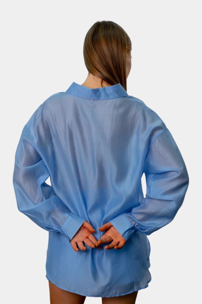 Синий шелковый костюм с рубашкой и шортами EC553 MOCHY