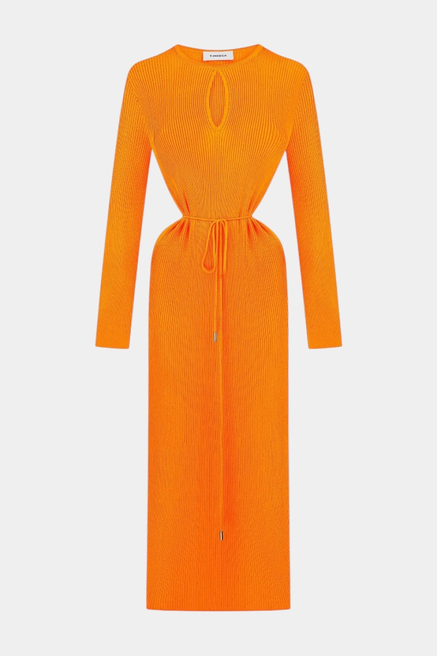 Оранжевое длинное платье с акцентом на талии PPK25-01 orange(24X) T.MOSCA