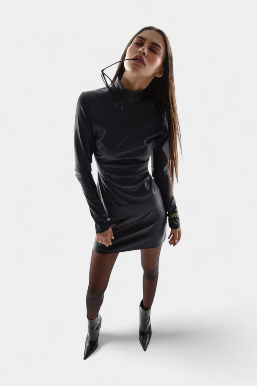 Чорний топ з екошкіри з довгими рукавами TWEN2'S