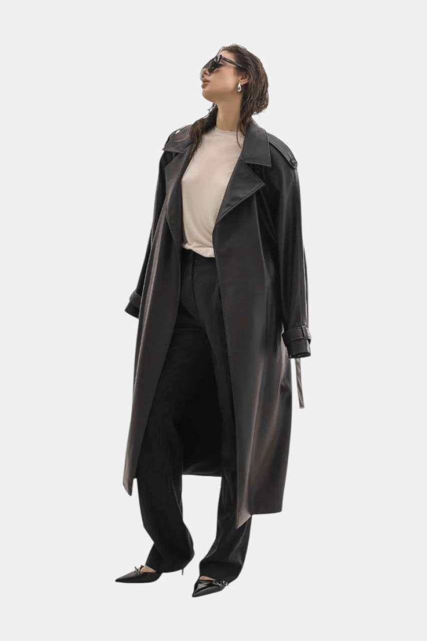 Черный тренч из экокожи TWEN2'S