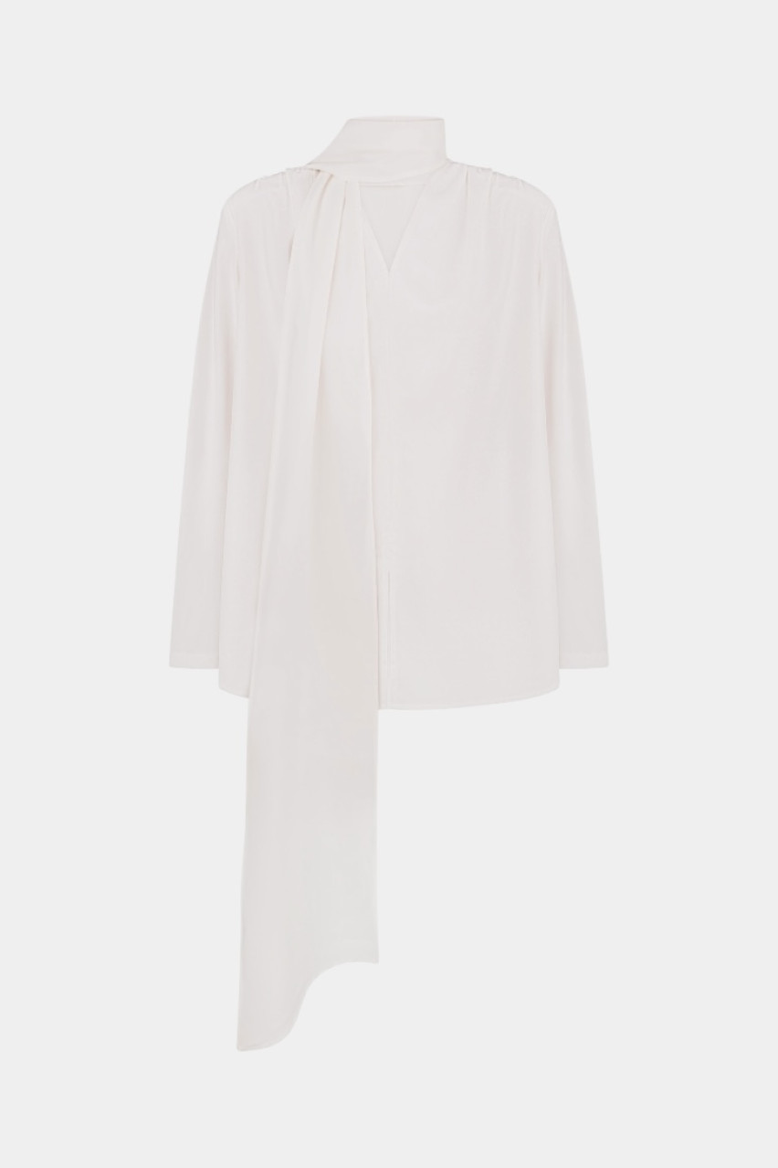 Молочна сатинова блуза з поясом VLADOVA